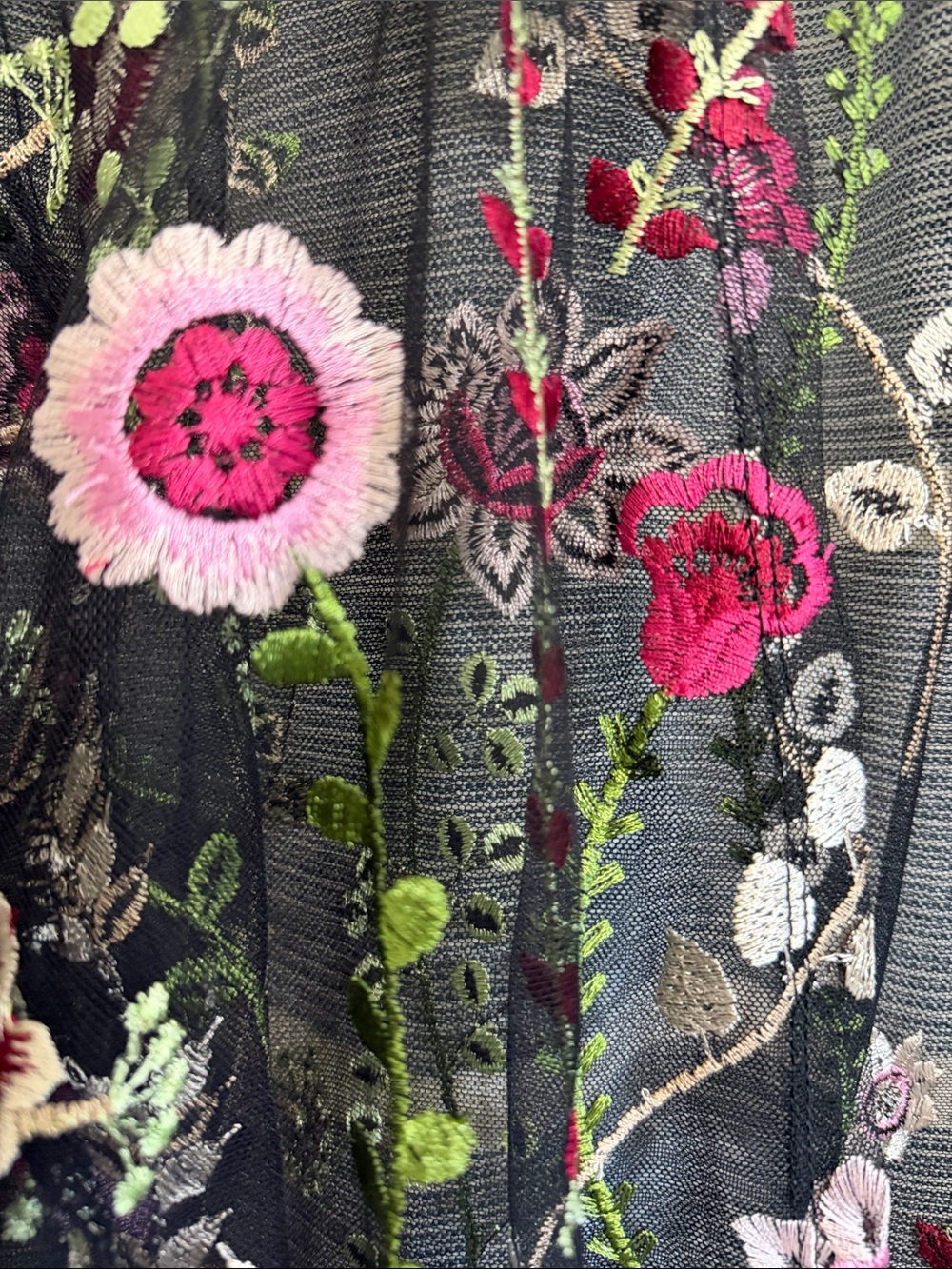 Embroidered Sheer Floral Kimono - Black with Pink & Green Flowers - Picture 2 of 2